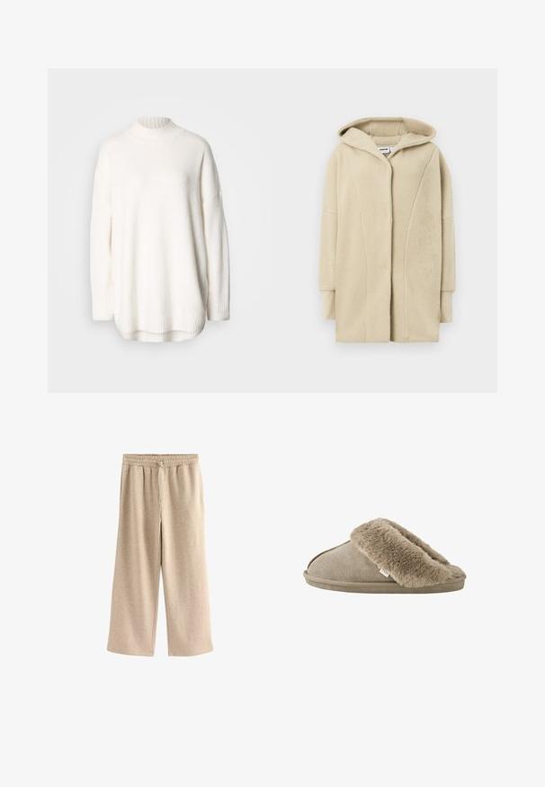 Beige fleece jas met capuchon, voorzien van een knoopsluiting aan de voorkant, zijzakken en een zachte, textuurrijke stof voor warmte.; Witte gebreide trui met een geribde hoge hals, vallende schouders en zijsplitten aan de zoom. Gemaakt van zachte, gestructureerde stof.; Crème-kleurige wijde broek gemaakt van een zachte katoenmix. Heeft een elastische tailleband met trekkoord en een subtiele gespikkelde textuur.; Beige instapslof met zachte, pluche bontvoering rond de opening en een suède-achtige buitenzool.