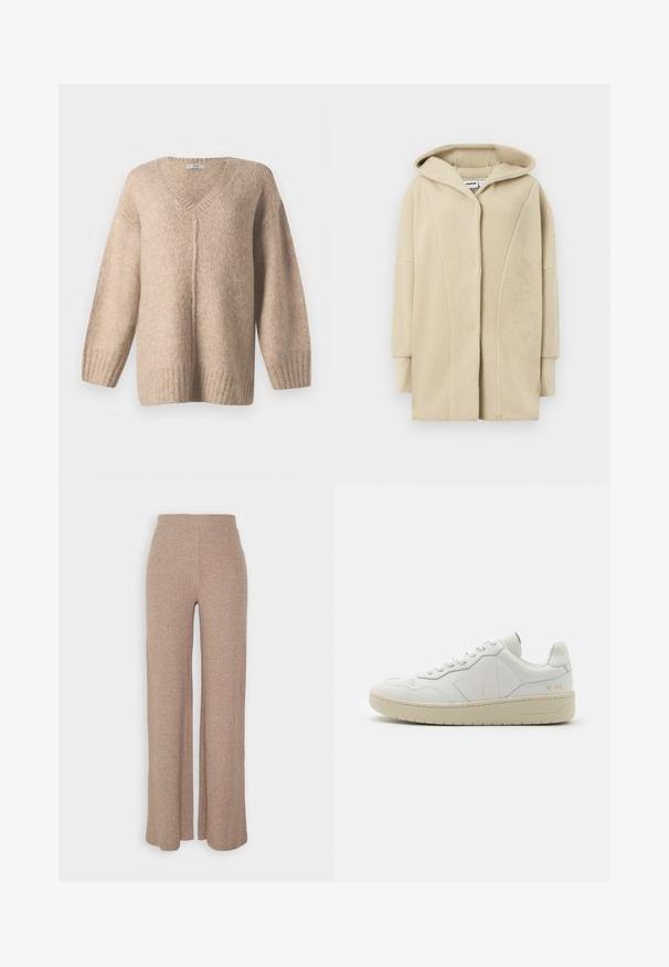 Manteau en polaire beige avec capuche, doté d'une fermeture à boutons sur le devant, de poches latérales et d'un tissu à texture douce pour la chaleur.; Pull en tricot beige avec un col en V, des épaules tombantes et un ourlet côtelé. Texture douce, coupe décontractée et motif subtilement moucheté sur l'ensemble.; Pantalons larges en beige à côtes avec une taille haute et une texture douce, présentant une coupe loose et sans fermetures visibles.; Baskets en cuir blanc avec une boîte à orteils perforée, semelle en caoutchouc beige contrastante et accents de logo sur le côté et le talon. Design minimaliste.