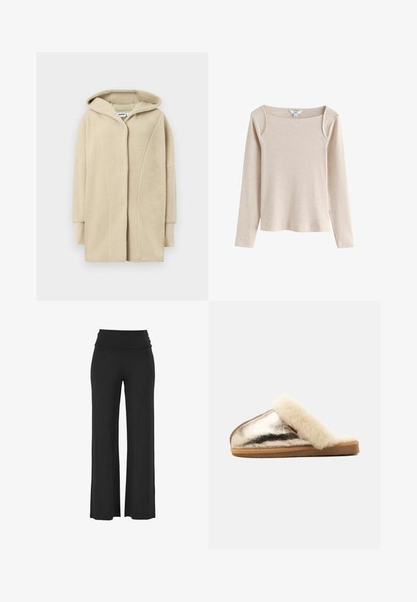 Beige fleecejakke med hætte, der har knapper foran, sidelommer og blødt tekstureret stof for varme.; Beige langærmet ribstrikket top med firkantet udskæring og let skulderdetalje, vist på hvid baggrund.; Sorte, brede bukser med et højt, draperet talje bånd lavet af et blødt, strækbart materiale, der har glatte, jævne syninger og ingen synlige mønstre.; Metallisk gylden slip-on tøffel med tan sål og blødt cremefarvet pelsforet kant omkring åbningen, vist fra siden på en hvid baggrund.