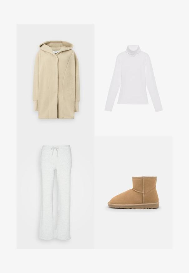 Beiger Fleece-Mantel mit Kapuze, ausgestattet mit einem Knopfverschluss vorne, Seitentaschen und weichem, texturiertem Stoff für Wärme.; Weißes Langarm-Turtleneck-Oberteil aus glattem, elastischem Stoff. Mit hohem Kragen und tailliertem Schnitt, ohne sichtbare Muster oder Verzierungen.; Helle graue, ausgestellte Sweatpants mit einem Kordelzugbund und weichem, strukturiertem Stoff, der ein schlichtes Design ohne Muster oder Akzente zeigt.; Beige Wildleder-Ankle-Boot mit abgerundeter Zehenpartie und gepolsterter Lasche, versehen mit kontrastierenden Nähten und einer strukturierten Gummisohle.