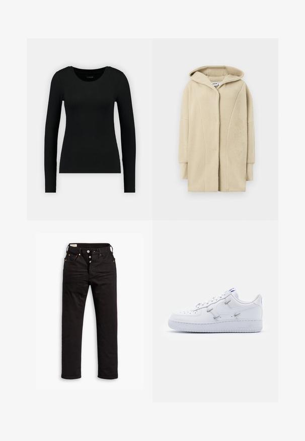 Beige fleece-takki hupulla, jossa edessä nappikiinnitys, sivutaskut ja pehmeä tekstuuri tarjoamassa lämpöä.; Musta pitkähihais shirt ribbed-kankaasta. Ominaisuudet: pyöreä pääntie ja istuva siluetti. Yksinkertainen muotoilu ilman kuvioita tai korostuksia.; Mustat suorat farkut napituslennolla, etu- ja takataskuilla sekä kuparisilla niiteillä valkoista taustaa vasten.; Nike Sportswear AIR FORCE 1 - Matalavartiset tennarit - white/hyper royal/black