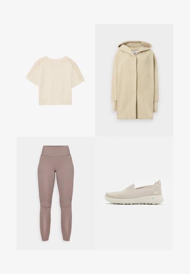 Manteau en polaire beige avec capuche, doté d'une fermeture à boutons sur le devant, de poches latérales et d'un tissu à texture douce pour la chaleur.; T-shirt court beige clair à manches courtes, avec panneaux en maille sur les épaules, texture côtelée et ouvertures latérales ornées de petits accents dorés.; Leggings taille haute, ajustés au corps, de couleur taupe unie, avec un tissu lisse et extensible et un design propre et sans couture.; Chaussure beige à enfiler en matériau en maille respirant, dotée d'une semelle flexible et d'un dessus texturé au design minimaliste.
