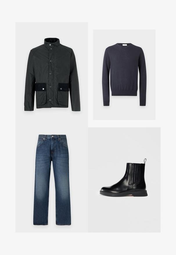 Veste noire avec un col montant, des boutons-pression et deux poches avant ornées d'accent en daim. Fabriquée dans un matériau mat et résistant à l'eau.; Pull bleu marine à manches longues avec col rond et bords-côtes aux poignets et à l'ourlet sur un fond uni clair.; Jean droit bleu foncé avec fermeture avant à boutons et fermeture éclair, poches avant, et détails légèrement décolorés sur les cuisses.; Botte en cuir noir mi-mollet avec des panneaux élastiques sur les côtés, bout rond, petit talon bloc et languette. Présente une texture lisse et un design épuré.