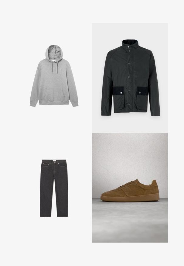 Veste noire avec un col montant, des boutons-pression et deux poches avant ornées d'accent en daim. Fabriquée dans un matériau mat et résistant à l'eau.; Hoodie en coton gris avec une poche kangourou à l'avant, capuche réglable par cordon, et petit logo sur la poitrine. Texture douce et coupe décontractée.; Jean en denim noir avec une coupe droite, style cinq poches, matériel en métal et une texture subtile ; branding minimal sur la taille.; Baskets en daim marron avec des lacets couleur fauve et une semelle en caoutchouc. Présente un bout arrondi et des détails cousus sur la tige. Design léger.