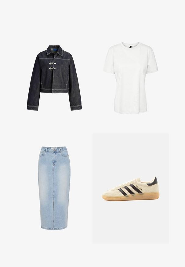 Mørk denimjakke med hvid kontrastsyning, klassisk krave, lange ærmer og to horisontale toggle-lukninger foran.; Hvid kortærmet t-shirt lavet af bomuld med rund halsudskæring og afslappet pasform. Glat tekstur og ingen synlige mønstre eller dekorationer.; Lysblå denim midi-nederdel med lige snit, frontslids og synlige sømme. Har en knaplukning og bæltestropper.; Kremfarvet ruskindssneaker med sorte striber, gummisål, sort hælstrop og gyldent "SPEZIAL"-tekst på siden.