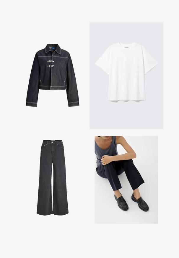 Donkere spijkerjas met witte contraststiksels, een klassieke kraag, lange mouwen en twee horizontale toggles aan de voorkant.; Witte T-shirt met korte mouwen en een ronde hals, met een relaxte pasvorm en een "WEEKDAY" label aan de binnenkant achter bij de hals.; Zwarte high-waist jeans met wijde pijpen, sluiting aan de voorkant met knopen en rits, voorzakken en rafelige zoom.; Zwarte leren loafers met textuurelementen, lage hak, ronde neus en zichtbare stiksels. Model draagt donkere broek en een grijze top.