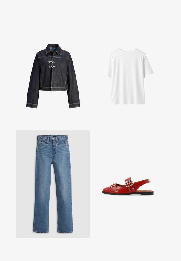 Mørk denimjakke med hvid kontrastsyning, klassisk krave, lange ærmer og to horisontale toggle-lukninger foran.; Enkel hvid T-shirt med korte ærmer og rund hals med en afslappet pasform, vist på en hvid baggrund.; Lys blå, lige ben jeans lavet af denim. Funktioner inkluderer en knaplukning, fem lommer og diskret slid. Ingen udsmykninger eller mønstre.; Rød lakeret laklædersko med slingback, rund tå, dobbelt spænde-accente og en flad sort sål. Inkluderer sideudskæringer for ventilation.