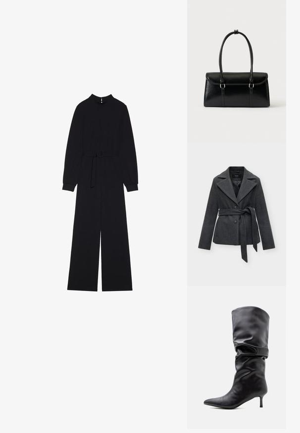 Donkergrijze damesjas van wolmix met brede revers, twee knopen, zijzakken en een gebonden ceintuur in de taille, getoond op een grijze achtergrond.; Zwarte jumpsuit met lange mouwen, hoge kraag, een gebonden taille met een ronde gesp en brede broekspijpen. Gladde stof met een minimalistisch ontwerp.; Zwarte leren kuitlaars met puntige neus en dunne kittenhiel, met een nonchalant ontwerp rond de enkel.; Zwarte leren rechthoekige handtas met klep en twee lange handvatten tegen een effen witte achtergrond.