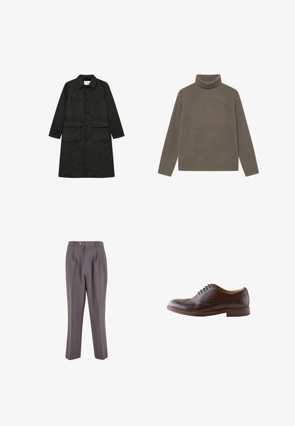 Tume roheline herringbone muster mantli, mis on valmistatud tekstureeritud kangast, millel on terav krae, esine nupud ja kaks suurt taskut.; Ribakate turtleneck-sviiter tuhmroheline, millel on pikad varrukad ja kehakohane disain. Valmistatud pehmest, tekstuurses kudumisest.; Hallide pleeditud püksid, mis on valmistatud siledast kangast, otse jala disainiga, ühe nupuga kinnituse ja kaldus küljetaskutega.; Tumepruun nahast tiivaga brogue-king, millel on perforeeritud detailid ja paelad, näidatud välisküljelt valgel taustal.