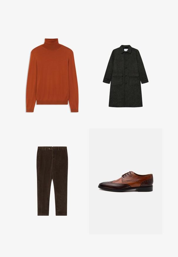 Tume roheline herringbone muster mantli, mis on valmistatud tekstureeritud kangast, millel on terav krae, esine nupud ja kaks suurt taskut.; Roostepruun kõrge kaelusega sviiter, mis on valmistatud pehmest kangast. Liibuv disain pikkade varrukatega, ribadest kaela- ja allääres. Ühtlane sile tekstuur.; Pruunist korduroost püksid sirge jala disainiga, millel on nööbiga kinnitamine, küljetaskud ja sile tekstuur.; Kahetooniline pruunast nahast meeste pidulik king brogue-detailide ja nööritava sulgemisega, külje pealt valgel taustal.