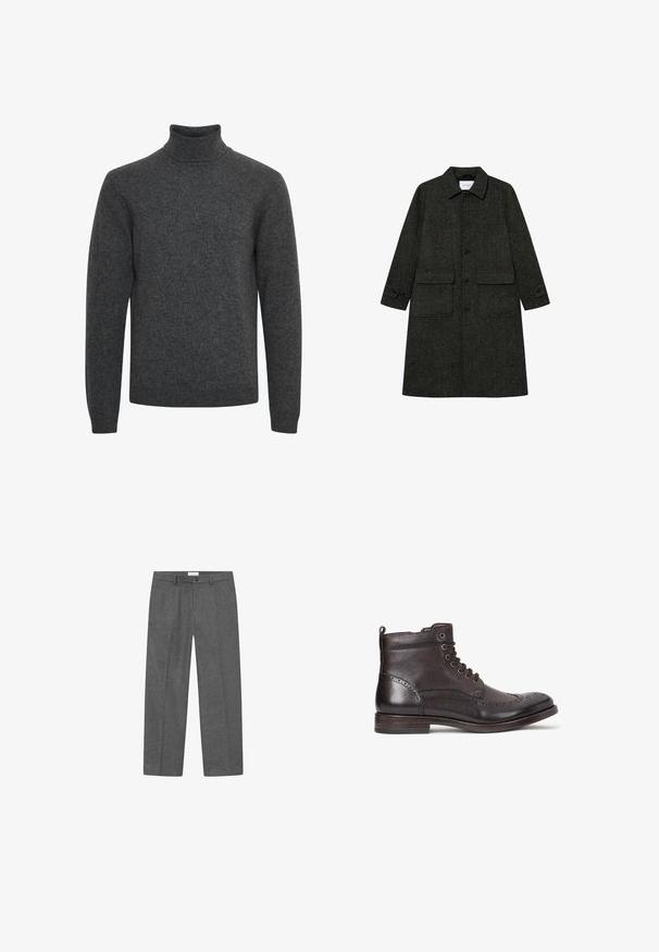 Manteau en chevrons vert foncé en tissu texturé, avec un col pointu, des boutons à l'avant et deux grandes poches plaquées.; Pull à col roulé gris foncé à manches longues avec col, poignets et bas en côtes, en tissu tricoté doux.; Pantalons en mélange de laine gris avec une coupe droite, dotés d'une fermeture à bouton et d'un pli soigné sur le devant. Texture lisse.; Botte à cheville en cuir marron foncé avec un design à bouts d'wings, bout rond, détails brogue subtils, œillets métalliques et talon plat. Comprend une languette de tirage.