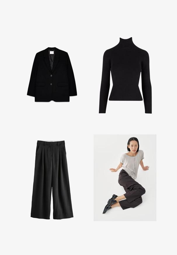 Zwarte op maat gemaakte blazer met twee voorzakken, een eenknoopsluiting, scherpe revers en een gladde satijnen voering. Voorzien van twee zwarte knopen.; Zwarte geribbelde coltrui met lange mouwen, aansluitende snit, textuurstof en hoge kraag.; Zwarte wijde broek met riemlussen, voorplooien en zijzakken, afgebeeld op een witte achtergrond.; Lichtgrijze top met korte mouwen, donkere wijde broekspijpen en zwarte loafers. Soepele stof, ontspannen pasvorm en contrasterende bies op het shirt.