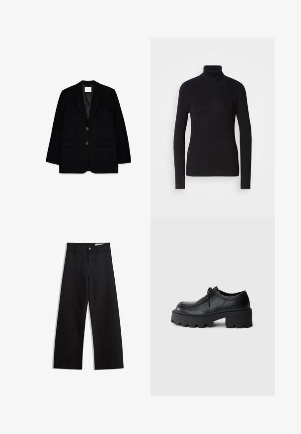 Sort skræddersyet blazer med to frontlommer, enkeltspændt design, skarpe reverser og en glat satinforing. Har to sorte knapper.; Sort ribbet rullekravesweater med lange ærmer. Fremstillet af strikmateriale med en tætsiddende design. Glat tekstur og høj halsdetalje.; Sorte wide-leg denim bukser med høj talje, der har front- og baglommer, syede sømme og en knaplukning. Glat tekstur.; Sort læder snørebåndssko med en tyk, tekstureret sort gummisål og en rund tå. Har subtile syninger.