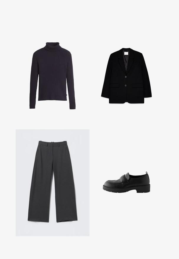 Blazer negro a medida con dos bolsillos frontales, diseño de un solo botón, solapas afiladas y un forro de satén suave. Presenta dos botones negros.; Suéter negro de cuello alto acanalado con mangas largas, hecho de un tejido de punto texturizado. Cuenta con un cuello ajustado y un dobladillo recto.; Pantalones de pierna ancha en gris oscuro con sutiles rayas verticales, trabillas para cinturón, bolsillos laterales y cierre frontal con cremallera.; Mocasines de cuero negro con punta redondeada, con una correa frontal y una suela de goma texturizada para mayor agarre. Incluyen una lengüeta en el talón.