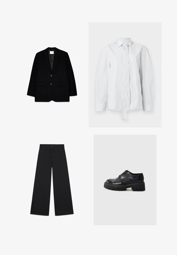 Schwarzer taillierter Blazer mit zwei Fronttaschen, einreihigem Design, scharfen Revers und glattem Satinfutter. Verfügt über zwei schwarze Knöpfe.; Weißes Langarmhemd mit klassischem Kragen und verlängertem vorderen Krawattenband. Aus glattem Stoff gefertigt, mit lockerer Passform und ohne Muster.; Schwarze, weit geschnittene Hosen aus einem weichen, gewebten Stoff. Mit Bügelfalten, Gürtelschlaufen und einem sauberen, maßgeschneiderten Finish.; Schwarze Leder-Schnürschuhe mit runder Spitze, dicker schwarzer Plateausohle und strukturierten Details am Sohlenrand.