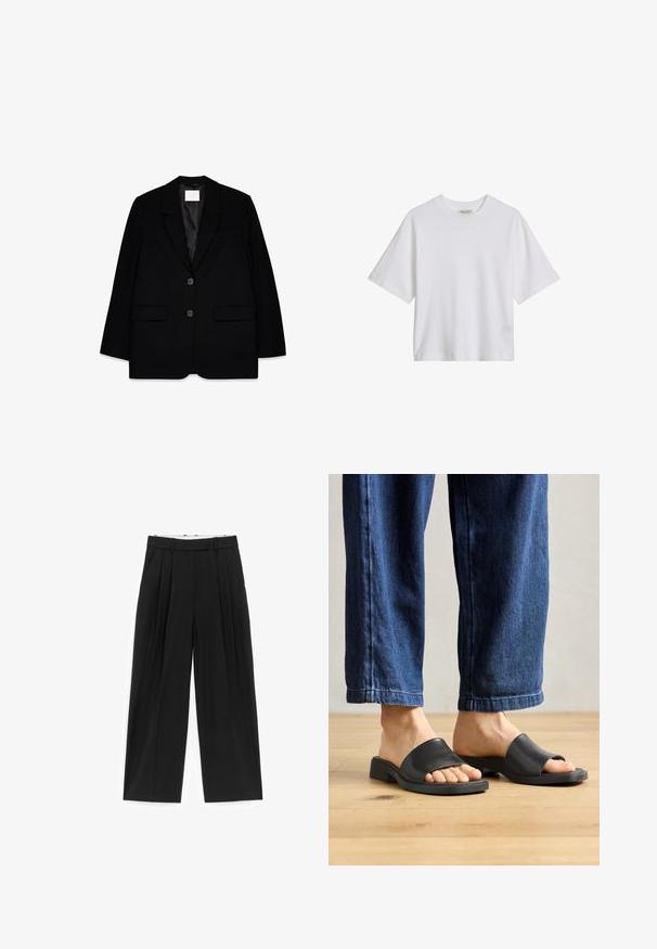 Zwarte op maat gemaakte blazer met twee voorzakken, een eenknoopsluiting, scherpe revers en een gladde satijnen voering. Voorzien van twee zwarte knopen.; Wit katoenen T-shirt met korte mouwen en een ronde hals, losse pasvorm, effen voorkant met zichtbare kraaglabel tegen een effen achtergrond.; Zwarte broek met wijde pijpen, voorplooien, riemlussen en zijzakken, ontworpen voor een getailleerde pasvorm.; Zwarte instapsandalen van glad materiaal, met een open teen en een brede bovenband, geplaatst tegen donkere denimspijkerbroeken met een rechte pasvorm.