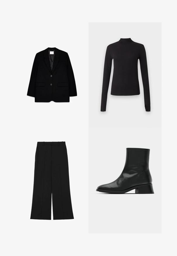 Sort skræddersyet blazer med to frontlommer, enkeltspændt design, skarpe reverser og en glat satinforing. Har to sorte knapper.; Sort langærmet tætsiddende top med høj hals, vist på ensartet lysegrå baggrund.; Sorte bukser med vide ben lavet af et glat stof. De har høj talje, dobbelt forreste læg og bæltestropper. Ingen synlige lommer eller pynt.; Sort ankelstøvle lavet af blank læder, med et strømlinet design, spids tå og en moderat blokhælhøjde for stabilitet.