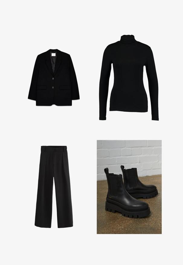 Sort skræddersyet blazer med to frontlommer, enkeltspændt design, skarpe reverser og en glat satinforing. Har to sorte knapper.; Sort langærmet turtleneck top lavet af glat stof, med et tætsiddende design og høj hals, velegnet til lag-på-lag brug eller som en selvstændig beklædningsgenstand.; Sorte bukser med vid ben, elastisk linning og bæltestropper, der har en glat forside og løs pasform.; Sort læder ankelstøvler med elastiske sidepaneler, tykke sorte platformssåler og syninger, der har en løftesanordning for nem påtagning.