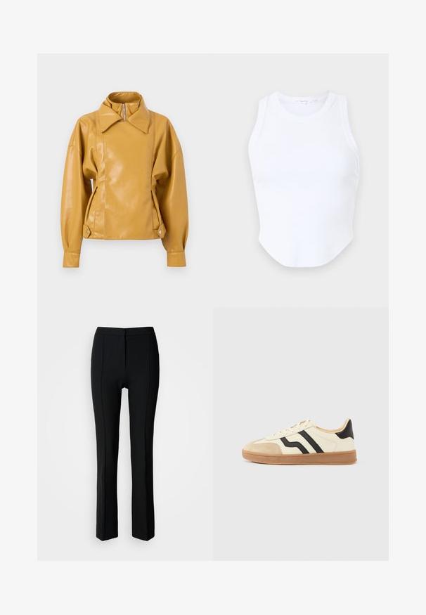 Senfgelbe Kunstlederjacke mit hohem Kragen, Reißverschluss vorne, langen Ballonärmeln und verstellbaren Druckknopflaschen an den Saumseiten.; Good American MICRO TANK - Top - white; Schwarze Hosen mit taillierter Passform, die eine glatte Textur, ein gerades Bein-Design und subtile Nahtdetails an der Vorderseite aufweisen.; Schnürsneaker mit cremefarbenem Obermaterial, schwarzen Streifen und einer Zehenkappe aus Wildleder, ergänzt durch eine braune Gummisohle.