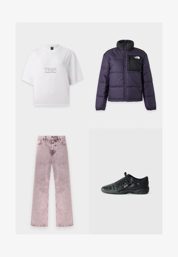 Doudoune violet foncé avec col montant noir et poche poitrine noire zippée affichant le logo The North Face sur le côté droit.; T-shirt blanc à manches courtes avec "TNF" et "THE NORTH FACE" imprimés en noir sur la poitrine, présenté à plat sur fond blanc.; Jean en denim taille haute à jambes larges de couleur rose délavée avec bouton sur le devant, fermeture éclair, passants pour ceinture, et poches avant et arrière.; Chaussure de sport en cuir noir avec un design matelassé, bout arrondi, lacets à l'avant et semelle en caoutchouc. Présente une marque discrète sur le côté.