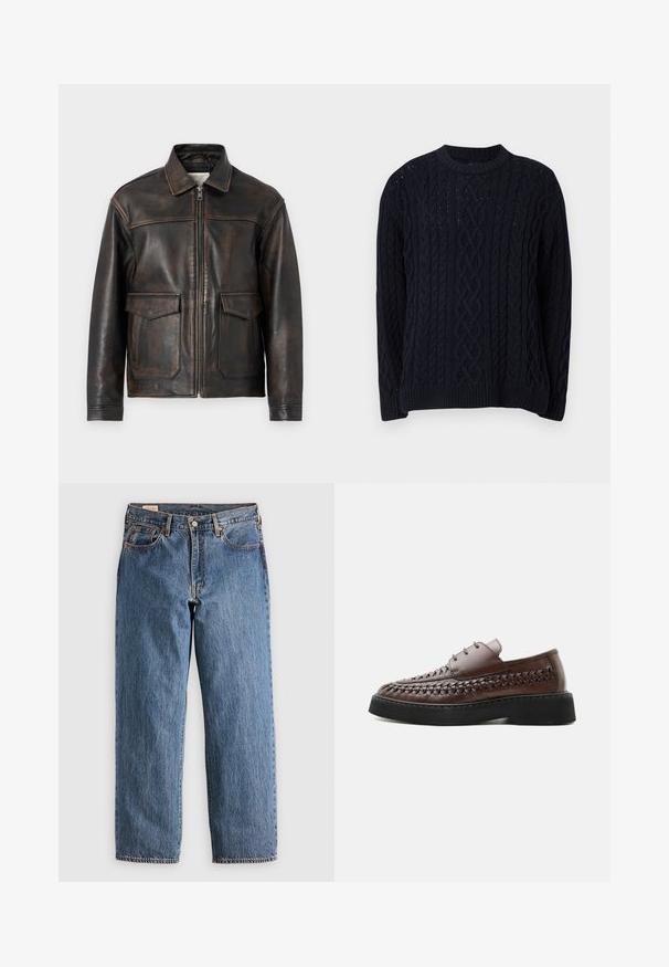 Jack & Jones PREMIUM Leather Leather - Chaqueta de cuero - brown stone; Suéter de punto de cable en azul marino con mangas largas y cuello redondo acanalado, dobladillo y puños, que muestra patrones de tejido detallados.; Jeans de mezclilla azul con un corte recto, que cuentan con una cintura alta, remaches de cobre y costuras naranjas. Incluyen bolsillos delanteros y traseros.; Zapato marrón de cuero con cordones, con detalles tejidos a los lados y una gruesa suela de plataforma negra, mostrado de perfil sobre fondo blanco.