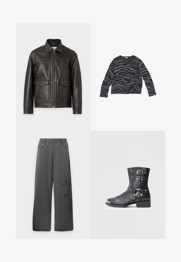 Jack & Jones PREMIUM Leather Leather - Leren jas - brown stone; Zwart-grijs gestreepte trui met lange mouwen, ronde hals, zachte textuur en een iets cropped zoom. Gemaakt van een pluizig materiaal.; Brede, gestreepte broek in donkergrijs stof, met voorzakken en een zwarte decoratieve print aan de linkerkant.; Zwarte leren enkellaars met een afgeronde neus, twee gespsluitingen, zilverkleurige hardware-accenten en een lage gestapelde hak. Gestructureerde afwerking.