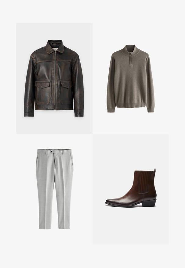 Jack & Jones PREMIUM Leather Leather - Lederjacke - brown stone; Langärmliger grauer Pullover mit gerippten Bündchen, Saum und Stehkragen mit einem kurzen Reißverschluss vorne.; Helle graue Hose aus glattem Stoff. Verfügt über eine schmal zulaufende Passform, zwei vordere Taschen und einen Knopfverschluss. Ein dezentes Muster verbessert die Textur.; Braune Leder-Ankle-Boots mit spitzer Spitze, elastischen Seitenteilen, strukturierten Details auf der Vorderseite und einem niedrigen, gestapelten Absatz.