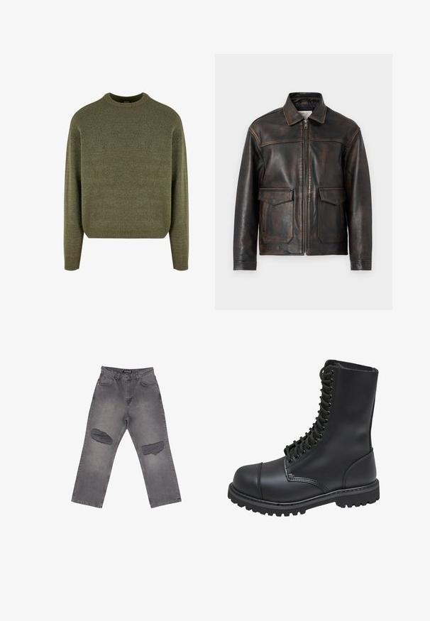 Jack & Jones PREMIUM Leather Leather - Læderjakker - brown stone; Grøn uldblandings sweater med rund hals, ribbede manchetter og kant, samt en blød, struktureret finish. Klassisk, afslappet pasform med sænkede skuldre.; Grå denimjeans med høj talje, vide ben og store slidte pletter på begge knæ, med forlommer og bæltestropper.; Sort læder kampstøvle med høj skaft, snørebånd foran, polstret krave og en robust tekstureret sål for godt greb. Har forstærket tåhætte.