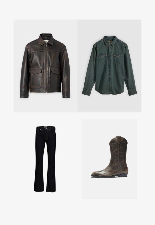Jack & Jones PREMIUM Leather Leather - Leren jas - brown stone; Donkerblauw denimshirt met lange mouwen, drukknoopsluiting, westernstijl schouderstuk en twee borstzakken. Voorzien van contrasterende stiksels en een effen textuur.; Donkerblauwe flare jeans van denim met een gladde textuur. Beschikt over vijf zakken, messing hardware en contrasterende stiksels.; Bruine leren cowboylaars met een hoge schacht, spitse neus, ingewikkelde stikpatronen en een kleine hak. Gevarieerde afwerking overal.