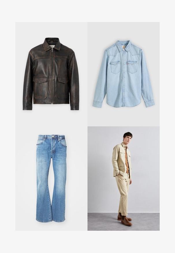Jack & Jones PREMIUM Leather Leather - Lederjacke - brown stone; Hellblaues Jeanshemd mit langen Ärmeln, durchgehender Knopfleiste, zwei Brusttaschen mit Knopflaschen und spitzem Kragen vor einfarbigem Hintergrund.; Helleblaue Denim-Jeans mit einem ausgestellten Design, das einen klassischen Fünf-Taschen-Stil, einen Reißverschluss und kontrastierende Nähte entlang der Nähte aufweist.; Beige Baumwolljacke mit zwei Brusttaschen über einem braunen Hemd und passenden beigen Hosen. Braune Lederstiefeletten runden das Outfit ab.