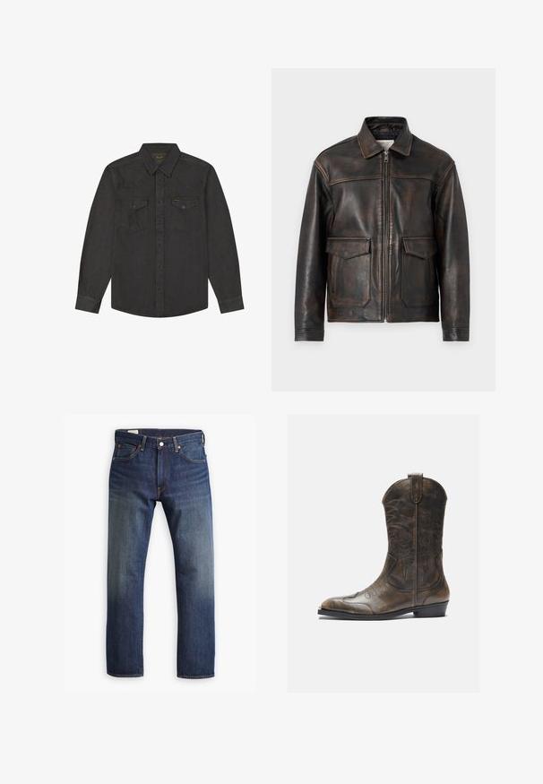 Jack & Jones PREMIUM Leather Leather - Læderjakker - brown stone; Mørkegrå skjorte med lange ærmer, knapper, spidst krave og to forlommer med klapper og knapper samt synlige syningsdetaljer.; Mørkeblå denim jeans med lige ben design, der har en klassisk fem-lomme stil, metalknaplukning og synlige stikninger.; Brune læder cowboystøvle med en høj skaft, spids tå, intrikate syning mønstre og en lille hæl. Struktureret finish hele vejen igennem.