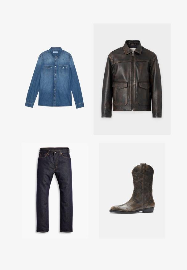 Jack & Jones PREMIUM Leather Leather - Kožená bunda - brown stone; Tmavo modrá denimová košieľka s dlhými rukávmi, klasickým golierom, gombíkovým zapínaním, dvoma vreckami na hrudi a kontrastným prešívaním na švoch.; Tmavomodré rovné džínsy s piatimi vreckami a oranžovým kontrastným prešívaním, položené na bielom pozadí.; Hnedá kožená kovbojská topánka s vysokým ťahom, špicatou špičkou, zložitými vyšívacími vzormi a malým opätkom. Textúrovaný povrch po celom obvode.