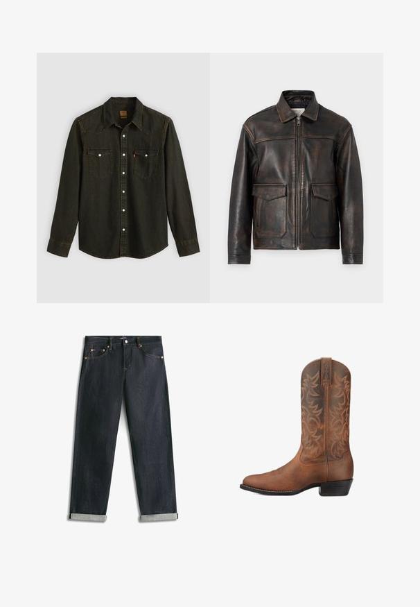 Jack & Jones PREMIUM Leather Leather - Leren jas - brown stone; Zwart denim overhemd met lange mouwen, puntige kraag, twee borstzakken, zilveren knopen en gele stiksels. Klassiek westers ontwerp.; Donkerblauwe spijkerbroek met omgeslagen boorden, vijf zakken en contrasterende stiksels, plat uitgespreid op een witte achtergrond.; Bruine leren cowboylaars met gestikte decoratieve patronen en een lage gestapelde hak, vanuit de zijkant getoond tegen een witte achtergrond.