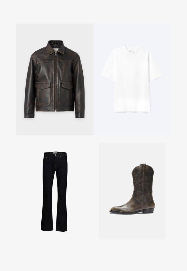 Jack & Jones PREMIUM Leather Leather - Læderjakker - brown stone; Enkel hvid T-shirt med korte ærmer og rund hals med afslappet pasform, vist på en lys baggrund.; Mørkeblå bukseskær med flared fit lavet af denim med en glat tekstur. Har fem lommer, messingbeslag og kontrastsygning.; Brune læder cowboystøvle med en høj skaft, spids tå, intrikate syning mønstre og en lille hæl. Struktureret finish hele vejen igennem.