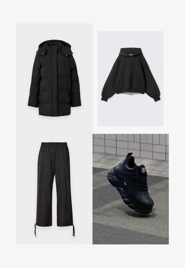 Schwarzer, langer, gepolsterter Wintermantel mit Kapuze, Frontreißverschluss, der durch eine mit Knöpfen verschlossene Blende verdeckt ist, und zwei seitlichen Taschen mit Druckknöpfen.; Schwarzer Kapuzenpullover mit lockerem Schnitt, langen Ärmeln und einer Fronttasche. Hergestellt aus weichem Stoff mit glatter Textur.; Schwarze, locker sitzende Hosen mit einem elastischen Bund und verstellbaren Kordeln an den Knöcheln. Glattes Gewebe mit einem dezenten Glanz.; Schwarze Sneaker mit einer massiven Sohle, Obermaterial aus glattem Leder und strukturierten Akzenten. Mit runder Zehenpartie und dekorativer Naht.