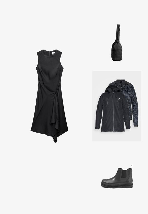 Veste noire à double couche avec une fermeture éclair sur le devant, présentant une coque extérieure lisse et une couche intérieure matelassée. Comprend une capuche et un détail de logo.; Robe noire sans manches avec encolure ronde et ourlet drapé asymétrique, dotée d'une fermeture éclair au dos.; Bottines Chelsea en caoutchouc noir avec panneaux latéraux élastiques, semelle épaisse, bout arrondi et tirant à l'arrière. Texture lisse avec finition mate.; Sac sling noir en tissu texturé, avec une seule sangle rembourrée, une poche frontale zippée et un patch logo à la base.