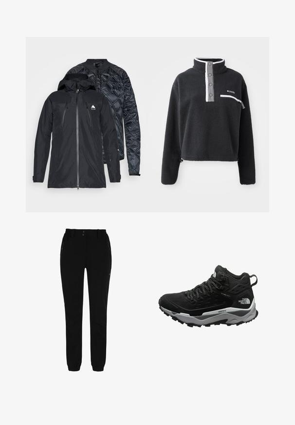 Sort dobbeltlag jakke med lynlås foran, der har en glat yderskal og et quiltet indre lag. Inkluderer hætte og logo detaljer.; Sort fleece pullover med halv lynlås krave, der har en brystlomme og kontrasterende hvide og grå detaljer. Blød tekstur, cropped design.; Sorte bukser med elastisk talje, to sidelommer med lynlås og tapered ben med elastiske mansjetter. Lavet af et glat, holdbart materiale.; Sort vandrestøvle med en tekstureret overdel, grå mellemsål og gummiydersål med fremtrædende traktionstræk. Snørebåndsdesign med polstret krave.