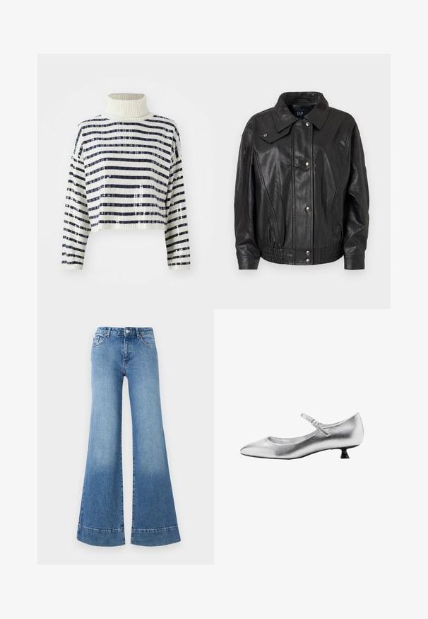 Sort læderjakke med skjortekrave, trykknapper, elastisk talje og en glat tekstur. Har en afslappet pasform, der er velegnet til lagdeling.; Cropped sweater med høj krave, der har marineblå og hvide vandrette striber samt en palietfinish for tekstur og glans.; Lys blå denim flared jeans med høj talje, brede ben og en let falming. Har klassisk fem-lomme-design og metal knaplukning.; Sølvmetallic Mary Jane-sko med spids tå, rem og spænde, lav kitten-hæl, glat tekstur og minimalistisk design.