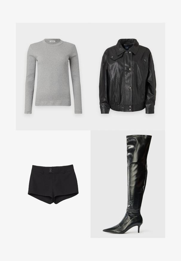 Sort læderjakke med skjortekrave, trykknapper, elastisk talje og en glat tekstur. Har en afslappet pasform, der er velegnet til lagdeling.; Grå langærmet sweater lavet af ribbede stoffer, med en rund halsudskæring og en tætsiddende silhuet. Simpelt design, ingen synlige mønstre eller accenter.; Sorte shorts lavet af stof med en glat tekstur. Har en talje, to frontlommer og to sorte knaplukninger foran.; Knæhøje sorte læderstøvler med en blank finish, spidse tæer og en slank stilettohælt. Har en tætsiddende top med syningsdetaljer.