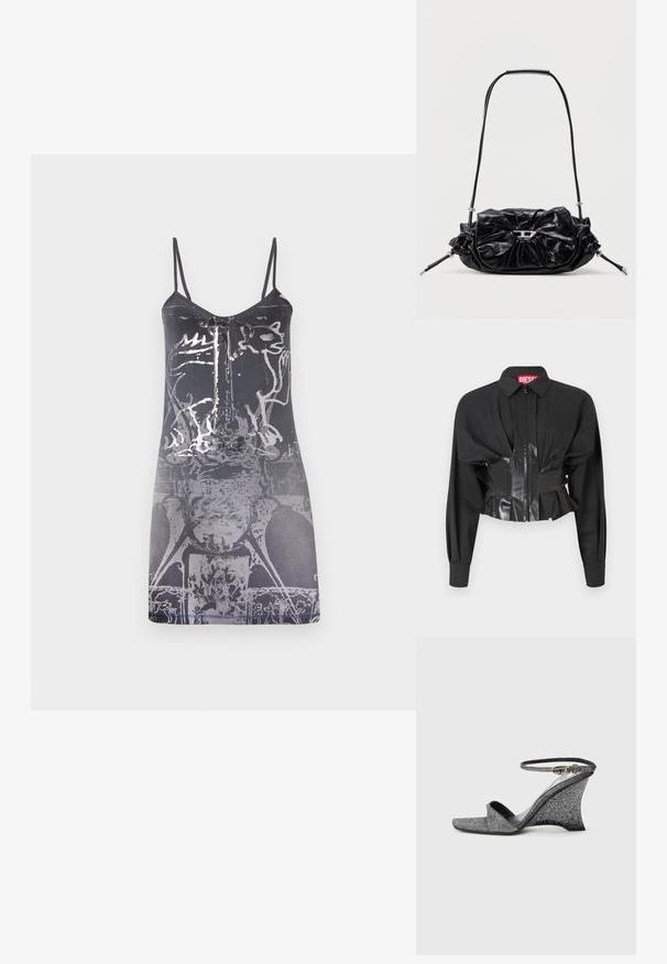 Schwarze, kurze Jacke mit Reißverschluss, strukturierten Schultern und einem glänzenden Vinyl-Bund mit plissierten Details.; Schwarzes, ärmelloses Kleid mit dünnen Trägern, das ein hellgraues, abstraktes Grafikmuster und eine glatte Textur aufweist, knielang.; Silberne Keilsandale mit Glitzereffekt, offenem Zehenbereich, Knöchelriemen und goldener Schnalle, seitlich auf hellem, schlichten Hintergrund gezeigt.; Schwarze Lederhandtasche mit gerafftem Design und Schleifendetail auf der Vorderseite. Verfügt über einen kurzen Griff und silberne Hardware-Akzente.