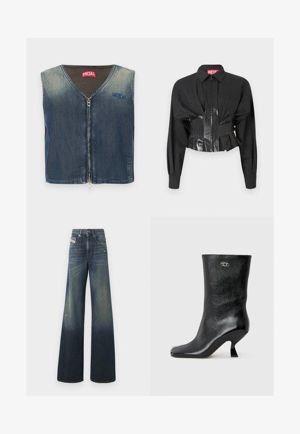 Veste noire courte avec fermeture éclair, épaules structurées et ceinture en vinyle brillant avec des détails plissés.; Veste en denim avec un col en V et une fermeture éclair à l'avant, avec une texture côtelée au niveau du col, et un patch logo sur le côté gauche.; Jean en denim à jambes larges de couleur bleu foncé avec une finition délavée, présentant un genou usé et un design classique à cinq poches avec une étiquette.; Bottine en cuir noir avec une finition brillante, un bout carré et un design de talon incurvé unique. Elle présente un petit logo métallique en accent.