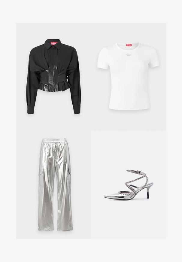 Sort cropped jakke med lynlåslukning, strukturerede skuldre og en blank vinyl talje med plisséringer.; Hvid T-shirt med korte ærmer lavet af ribbet stof, med rund halsudskæring og et sølvfarvet logo på brystet.; MCM METALLIC PANTS - Cargobukser - silver; Sølvfarvet høje hæle sko med spids tå, ankelrem og dekorative sølvkuglestuds på remme og kanter mod hvid baggrund.