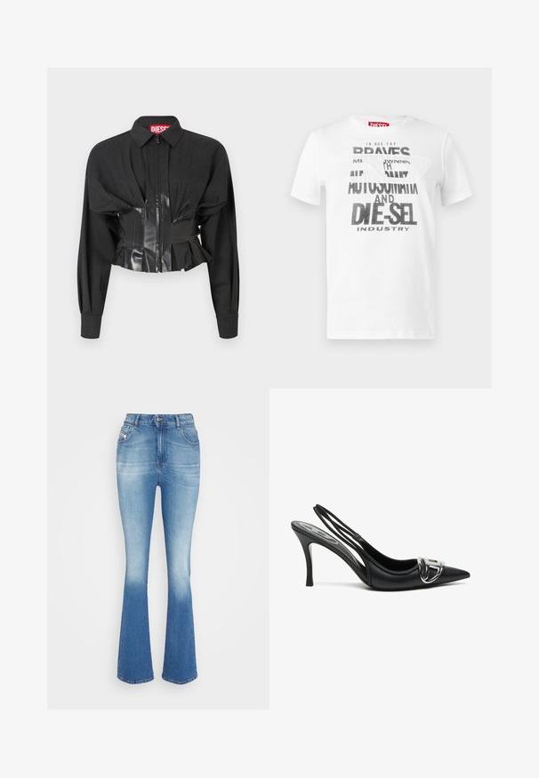 Sort cropped jakke med lynlåslukning, strukturerede skuldre og en blank vinyl talje med plisséringer.; Hvid bomuldst-shirt med sort, fed tekst med ordene "DIE-SEL" og "AUTOMAT". Rund hals og korte ærmer. Glat tekstur.; Lystblå denim flared jeans med høj talje, subtilt slid på lårene, to frontlommer og knaplukning i taljen.; Sorte slingback højhælede sko med spids tå, der har en skinnende sølvspænde detalje og en slank hæl. Glat lædertekstur, minimalistisk design.