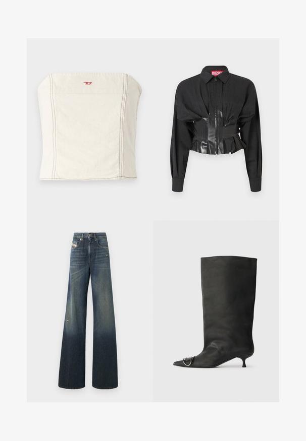 Veste noire courte avec fermeture éclair, épaules structurées et ceinture en vinyle brillant avec des détails plissés.; Haut court ajusté beige clair en coton, avec une encolure droite, des détails de couture minimalistes et un petit logo rouge à l'avant.; Jean en denim à jambes larges de couleur bleu foncé avec une finition délavée, présentant un genou usé et un design classique à cinq poches avec une étiquette.; Bottines en cuir noir à bout pointu, petite talon et détail métallique sur le bout. Texture lisse et mate partout.