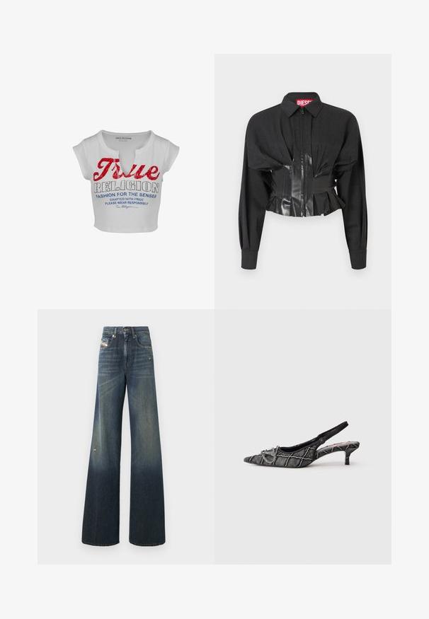 Veste noire courte avec fermeture éclair, épaules structurées et ceinture en vinyle brillant avec des détails plissés.; T-shirt blanc court avec des manches courtes, arborant un texte rouge vif "True Religion" et des détails imprimés bleus. Fabriqué en tissu doux et texturé.; Jean en denim à jambes larges de couleur bleu foncé avec une finition délavée, présentant un genou usé et un design classique à cinq poches avec une étiquette.; Escarpin noir avec bride arrière, talon kitten, bout pointu, motif texturé et détail de boucle argentée sur fond blanc.