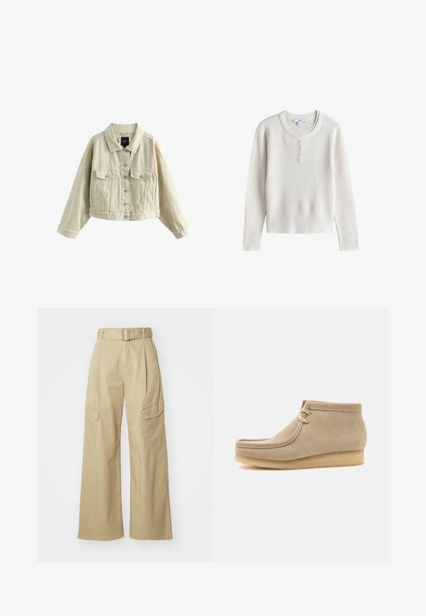 Beige cropped jakke med lange ærmer, knaplukning foran, to brystlommer med klapper og sidelommer, vist på en hvid baggrund.; Langærmet cremefarvet ribstrikket sweater med rund hals og fem små knapper på frontstolpen.; Beige cargo bukser med vid ben, lavet af letvægtsstof. Har en bæltestrop i taljen, to sidelommer og markante frontfold.; Beige ruskind-ankelstøvle med crepe sål og mokkasinsting, med to snørehuller og flad hæl.
