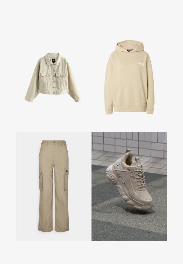 Beige cropped jakke med lange ærmer, knaplukning foran, to brystlommer med klapper og sidelommer, vist på en hvid baggrund.; Beige hættetrøje med front-kængurulomme og hvidt "PGDR" logo på venstre bryst, med ribkanter ved ærmer og bund.; Beige cargo bukser lavet af slidstærkt stof, med en afslappet pasform, flere sidelommer og et elastisk liv med knaplukning.; Beige atletisk sko med overdel i mesh og syntetisk materiale, polstret krave og kraftig sål med strukturerede detaljer. Branding synlig på siden.