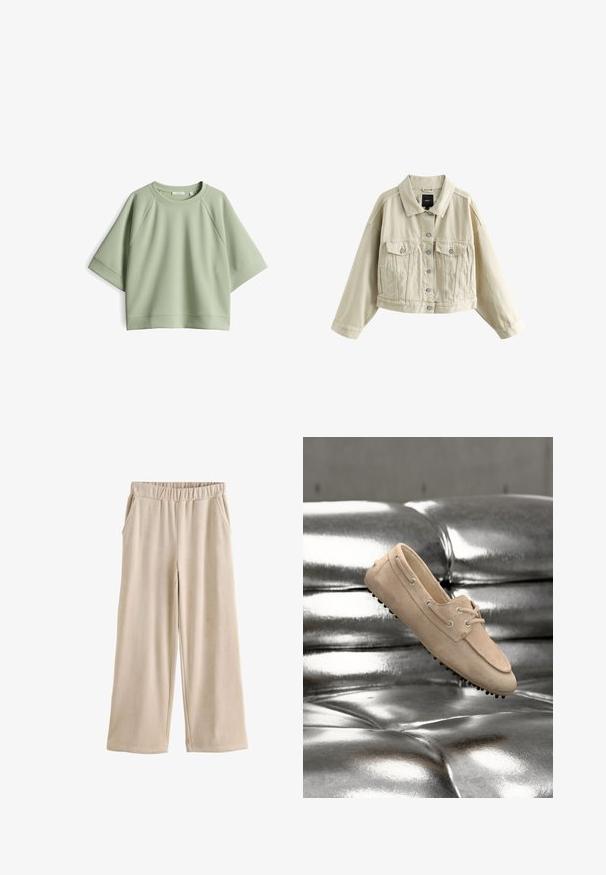 Beige gekürzte Jacke mit langen Ärmeln, Knopfleiste vorne, zwei Brusttaschen mit Klappen und Seitentaschen, auf weißem Hintergrund dargestellt.; Hellgrünes, oversized Sweatshirt mit Rundhalsausschnitt, Raglanärmeln und weicher Textur. Verfügt über einen gerippten Halsausschnitt und Saum.; Beige Cordweite Hose mit elastischem Bund und seitlichen Taschen, flach auf weißem Hintergrund präsentiert.; Beiger Wildleder-Slipper mit Schnürdetail und gummierter Noppensohle, platziert auf einer glänzenden metallisch silberfarbenen, gepolsterten Oberfläche.