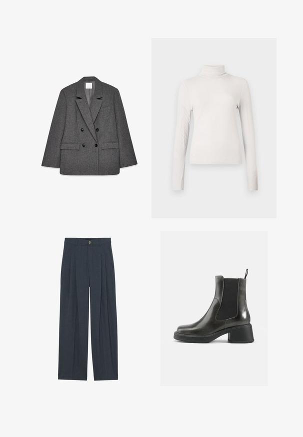 Grijze dubbelzijdige blazer van textuurstof, met gelapte revers, twee onderste zakken en zwarte knopen aan de voorkant.; Romige ribbelige langemouw turtleneck top met een getailleerde silhouet tegen een effen witte achtergrond.; Wijduitlopende broeken van gestructureerde donkergrijze stof, met voren geplooide details, een knoopsluiting en praktische zijzakken.; Zwarte leren enkellaarzen met een gladde afwerking, elastische zijpanelen en een zware hak. Voorzien van een lus voor gemakkelijker aan- en uittrekken.