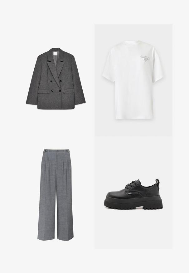Grauer doppelt knöpfbarer Blazer aus strukturiertem Stoff, mit Revers, zwei unteren Taschen und schwarzen Knöpfen auf der Vorderseite.; Weißes kurzärmeliges T-Shirt mit kleinem schwarzem kursivem Schriftzug auf der linken Brust mit dem Text "cartoons ME" auf einfachem hellem Hintergrund.; Graue Weitbein-Hosen aus strukturiertem Stoff, mit doppeltem Knopfverschluss und vorderen Falten für zusätzliche Designdetails.; Buffalo PLUTO LACE UP - Schnürer - black